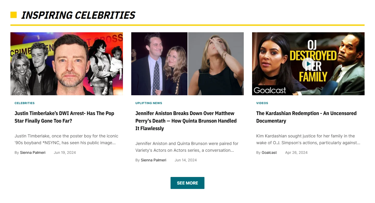 Inspiring Celebrities section of the Goalcast home, desktop, after