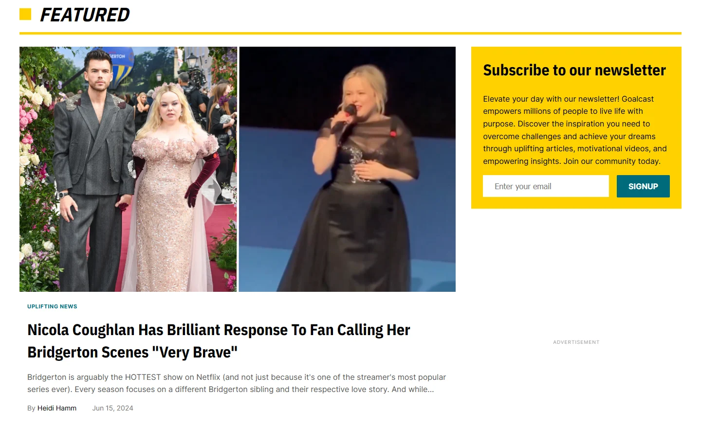 Featured story and newsletter box on the Goalcast home, desktop, new