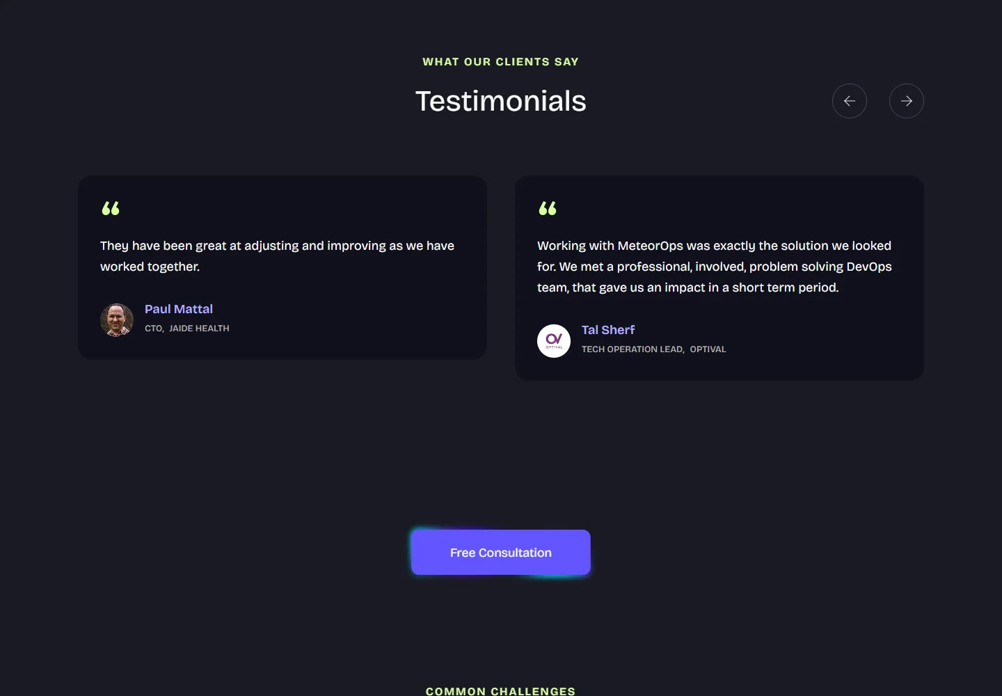 Testimonials on the MeteorOps Kubernetes page, desktop, Mar 2025