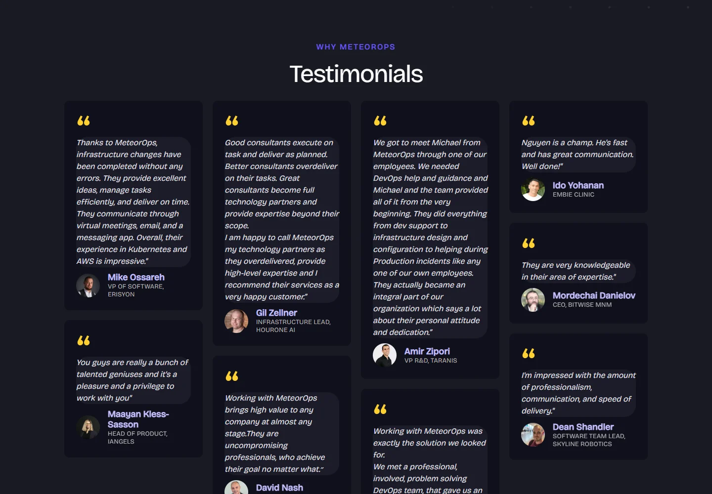 Testimonials on the MeteorOps Kubernetes page, desktop, Aug 2024