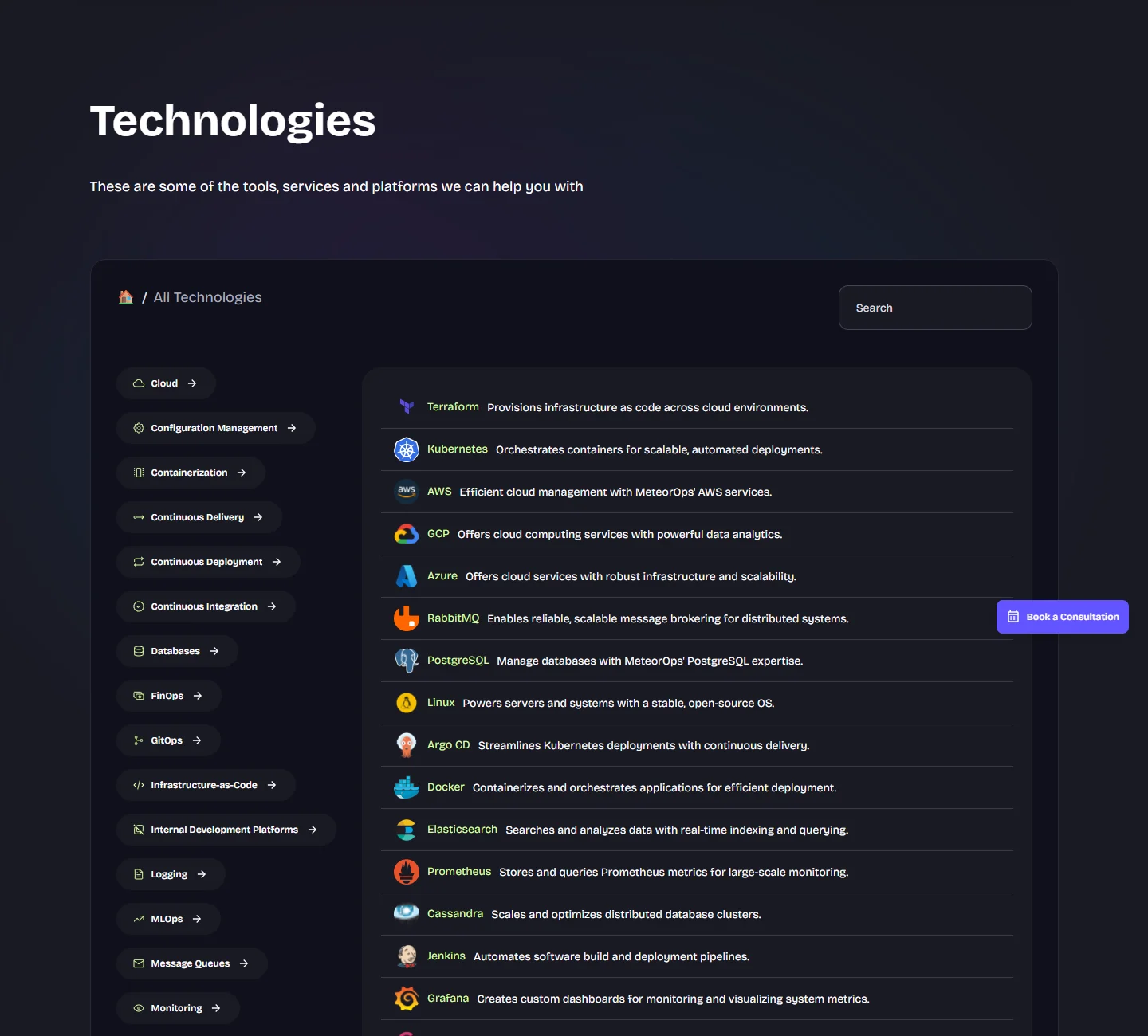 MeteorOps Technologies page, desktop, Apr 2025