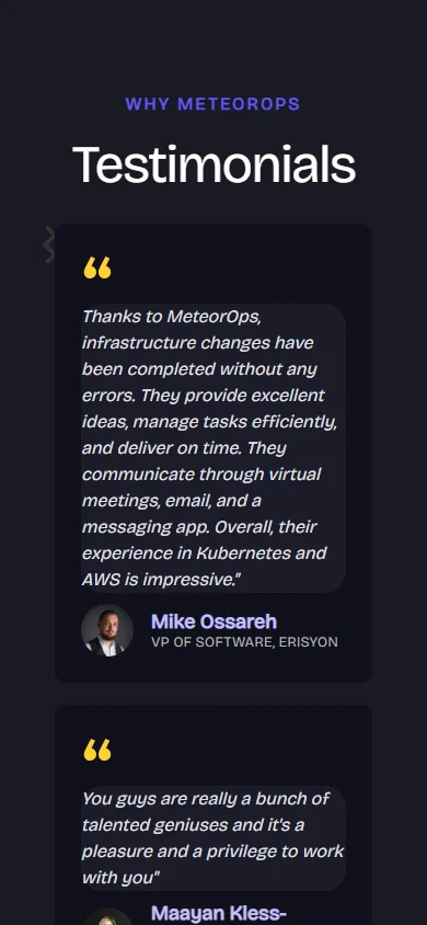 Depoimentos na página de Kubernetes da MeteorOps, celular, ago 2024