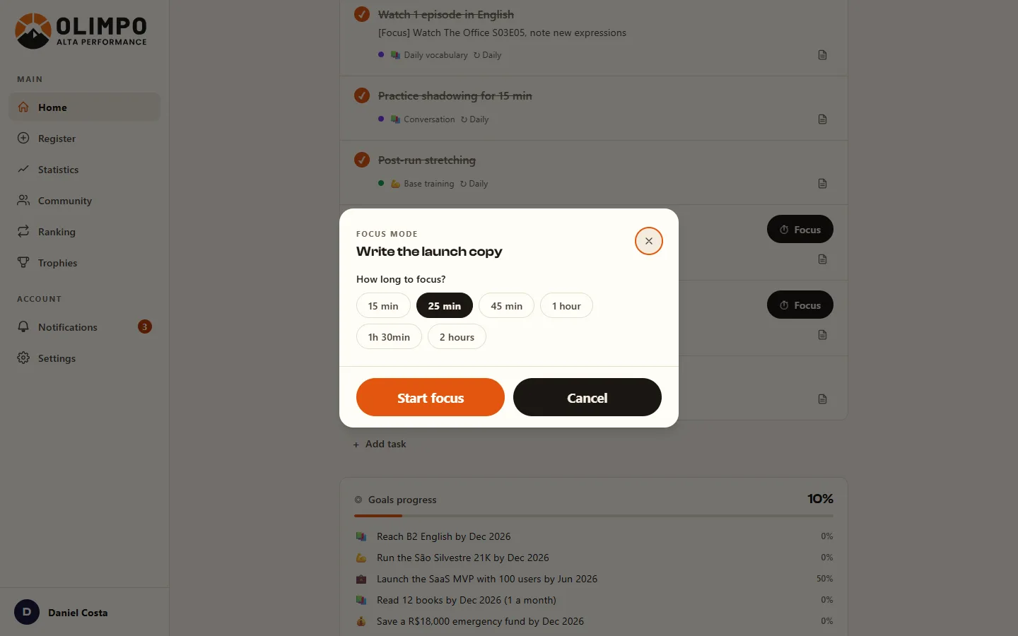 Olimpo app, Focus Mode screen