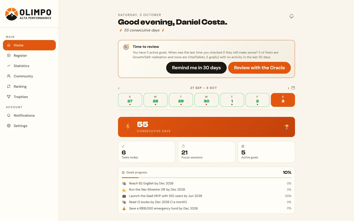 Olimpo app, Home screen