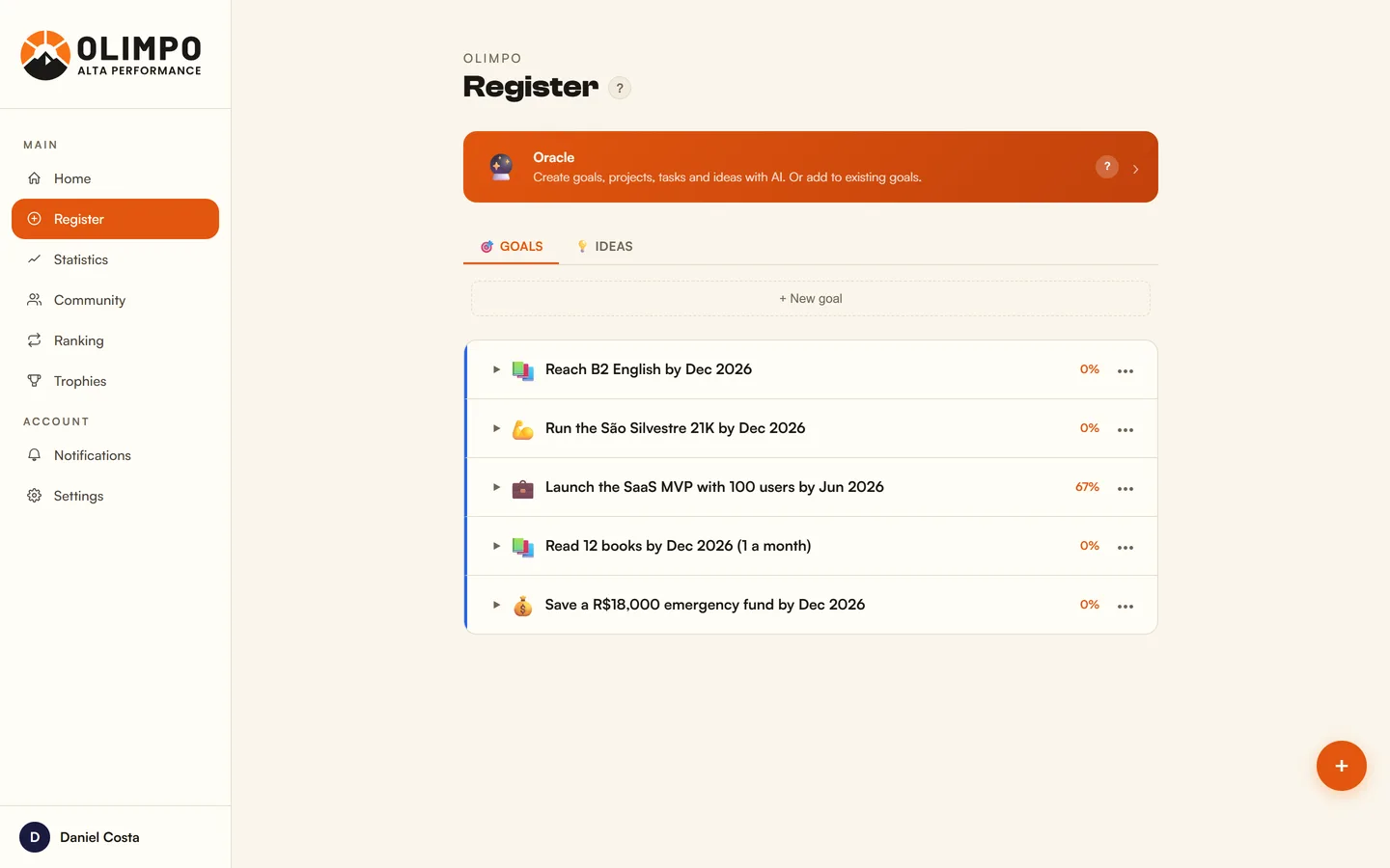 Olimpo app, Register screen