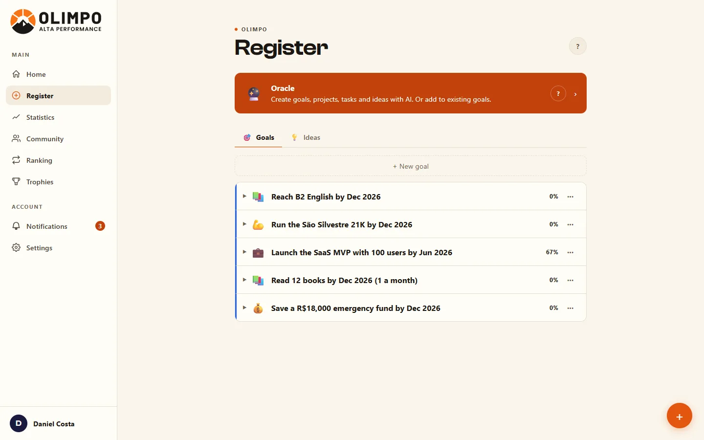 Olimpo app, Register screen