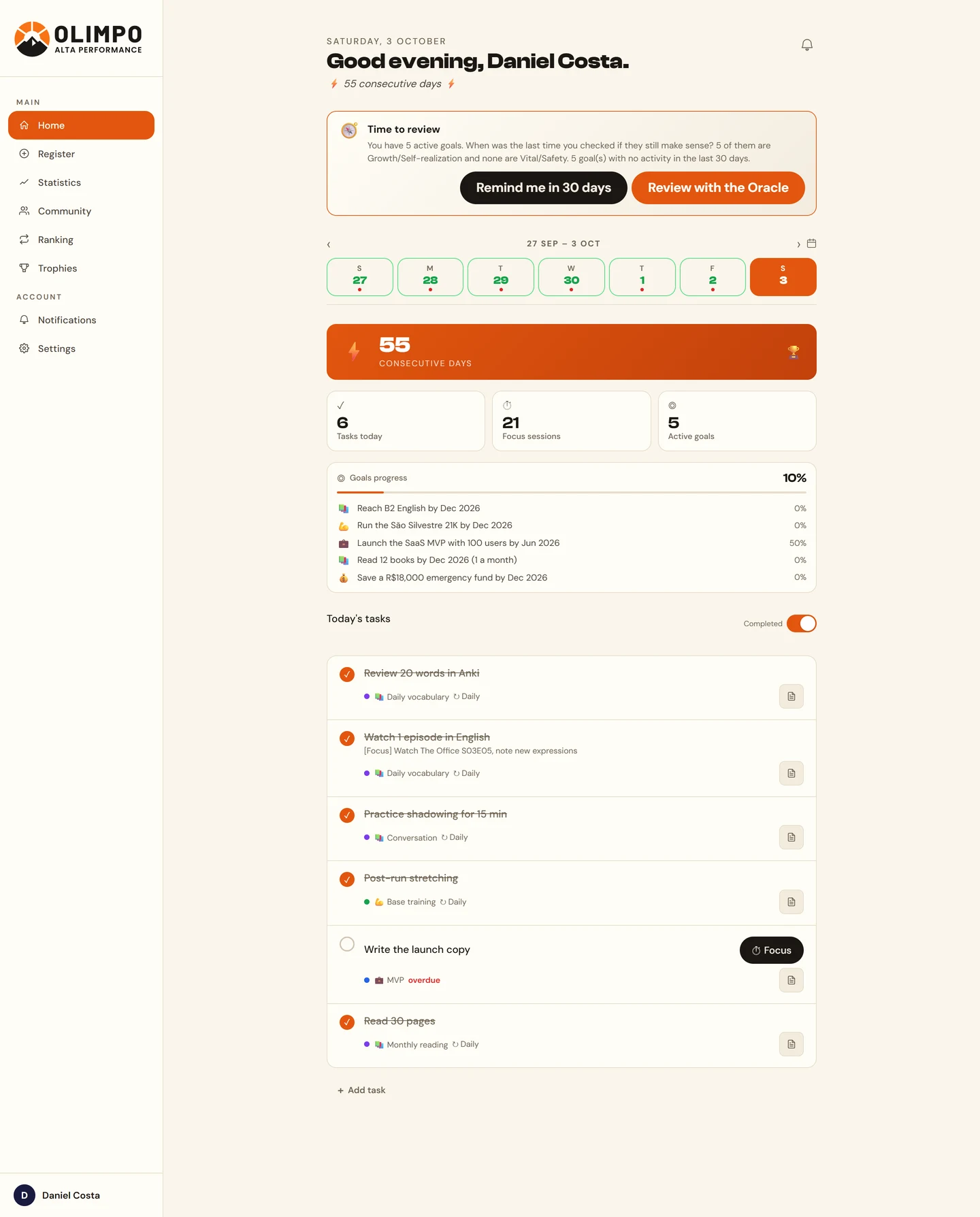 Olimpo app, Home screen