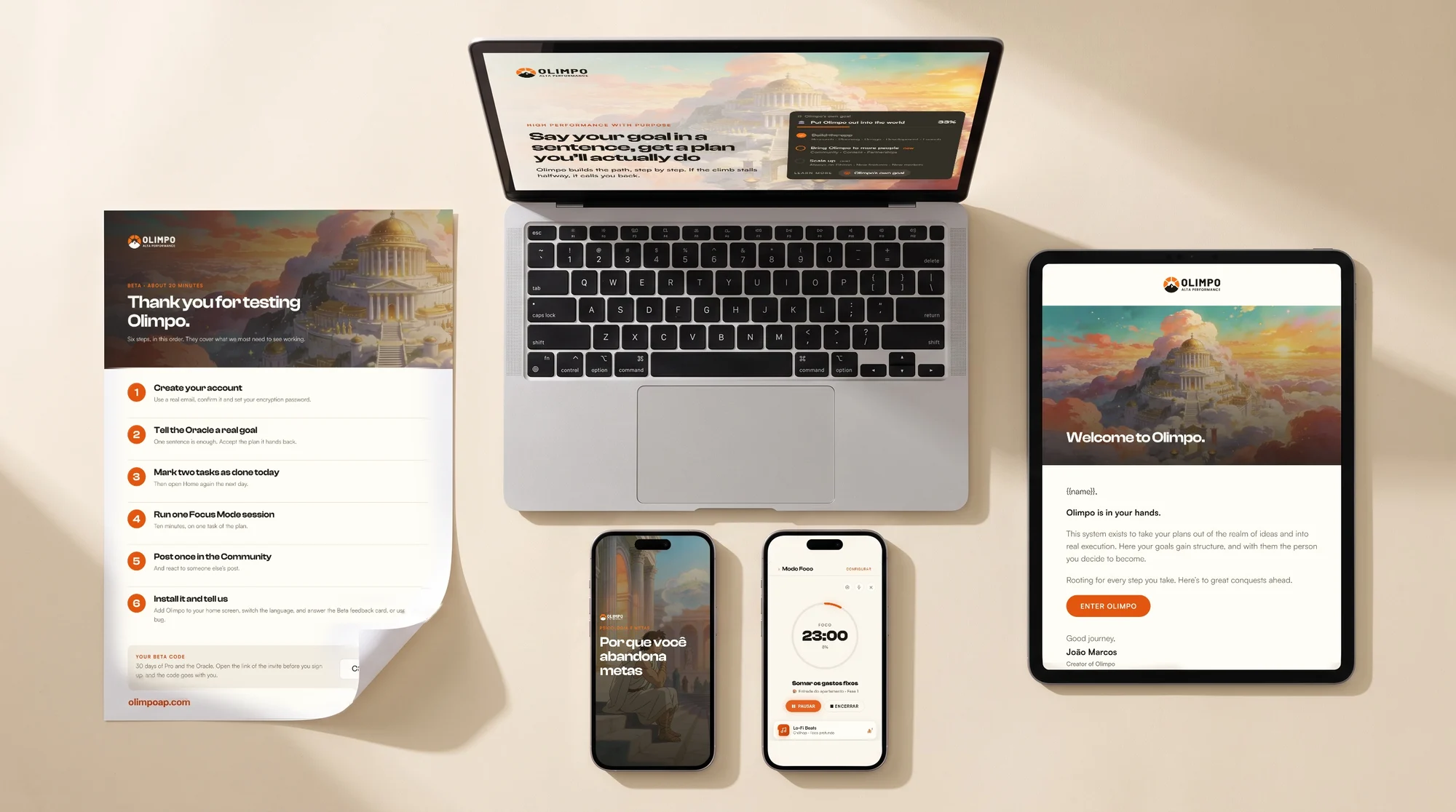 Material de marca do Olimpo, com o guia de quem testa o beta, a landing page, capas de vídeos curtos e o e-mail de boas-vindas