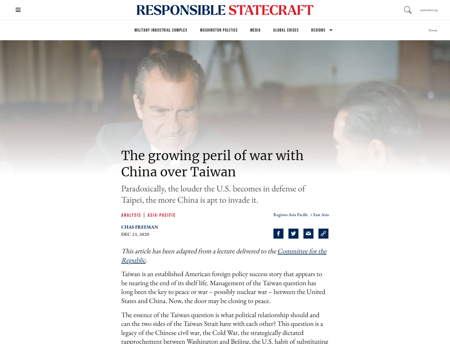 Top of a Responsible Statecraft article, desktop, Sep 2023