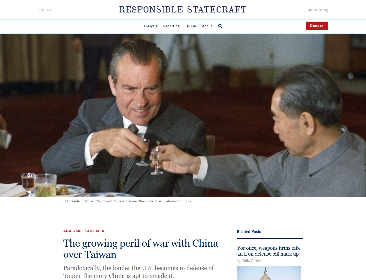 Top of a Responsible Statecraft article, desktop, Jul 2023