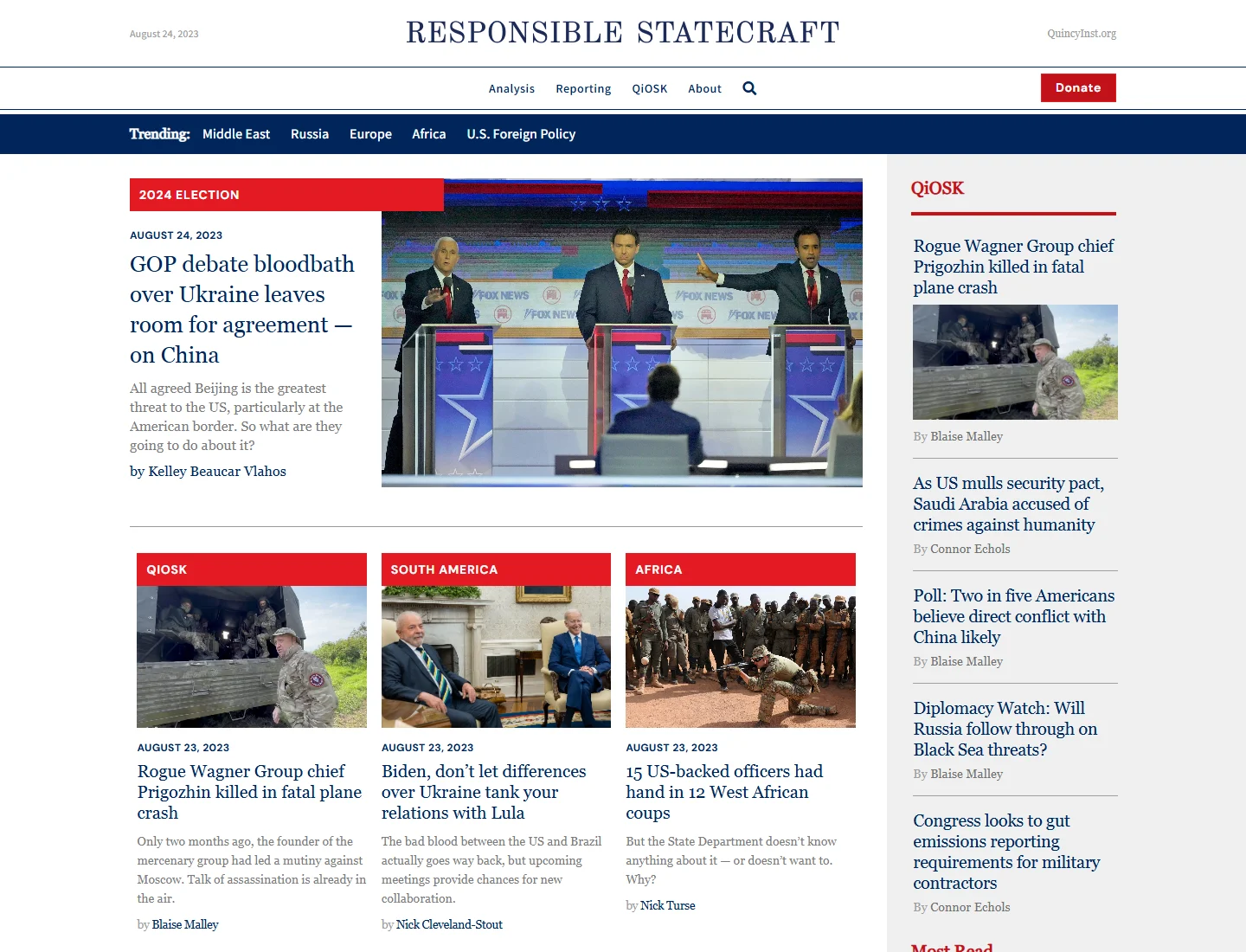 Top of the Responsible Statecraft home, desktop, Aug 2023